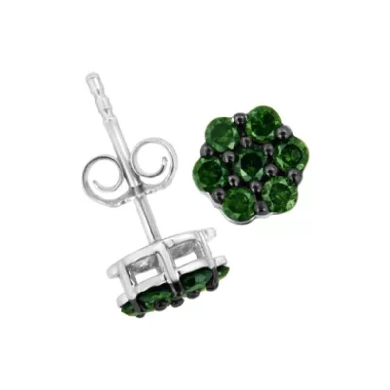 Silver 2.0 Ct Prong Round Green Diamond Floral Cluster Stud Earring