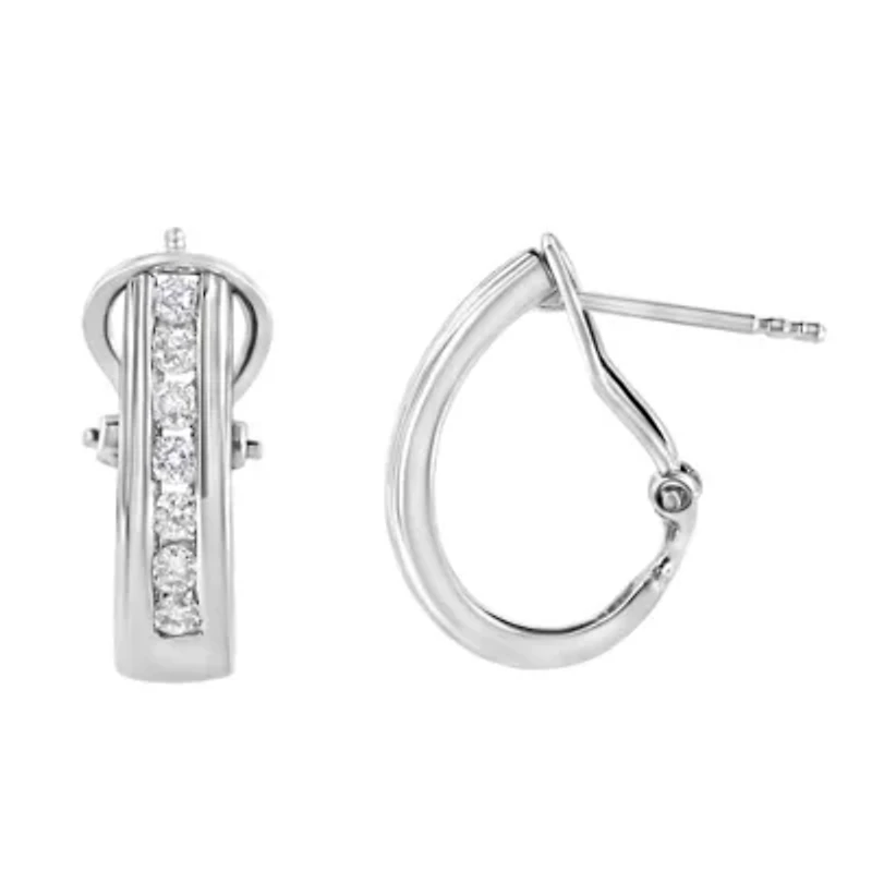 Lab Created Silver Channel 1/2 Ct Lab Grown Diamond Omega Back Huggy Hoop Earrings
