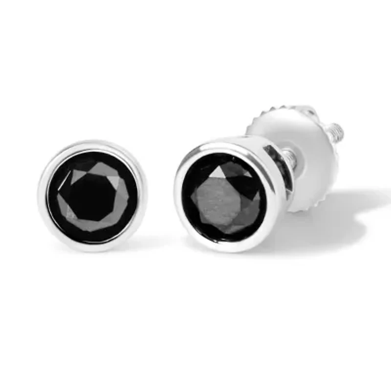 Silver Ct Black Diamond Bezel- Stud Earrings with Screw Backs
