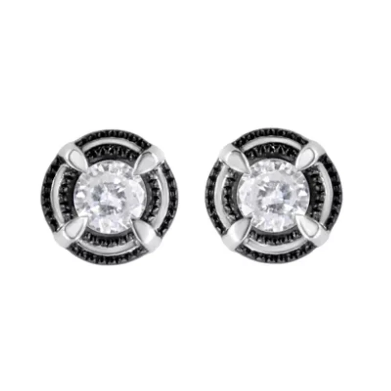 Black Rhodium Plated Silver Ct Diamond Halo Solitaire Milgrain Stud Earrings