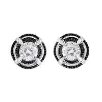 Black Rhodium Plated Silver Ct Diamond Halo Solitaire Milgrain Stud Earrings