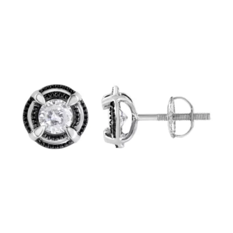 Black Rhodium Plated Silver Ct Diamond Halo Solitaire Milgrain Stud Earrings