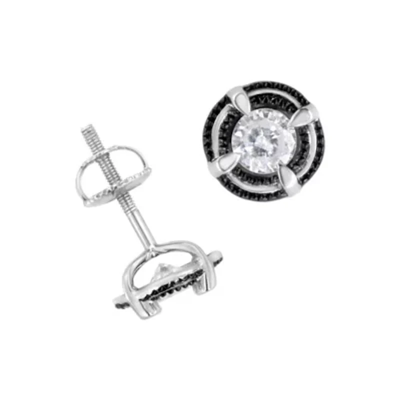 Black Rhodium Plated Silver Ct Diamond Halo Solitaire Milgrain Stud Earrings