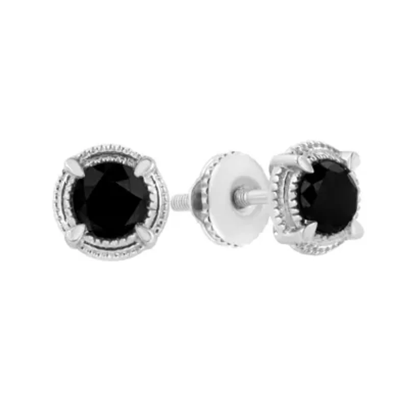Black Rhodium Plated Silver Ct Diamond Halo Solitaire Milgrain Stud Earrings