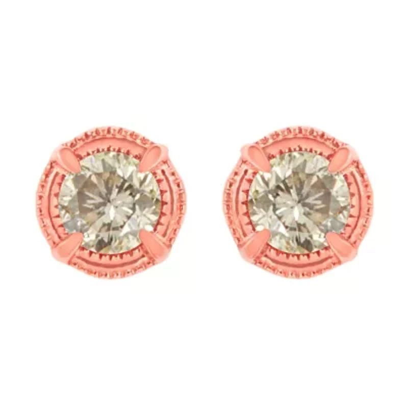 14K Rose Gold Plated Silver 1.0 Ct Diamond Solitaire Milgrain Stud Earrings