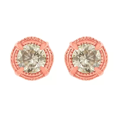 14K Rose Gold Plated Silver 1.0 Ct Diamond Solitaire Milgrain Stud Earrings