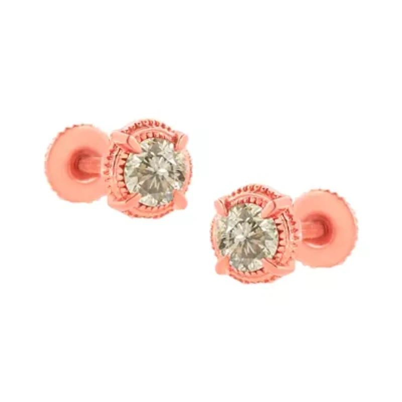 14K Rose Gold Plated Silver 1.0 Ct Diamond Solitaire Milgrain Stud Earrings