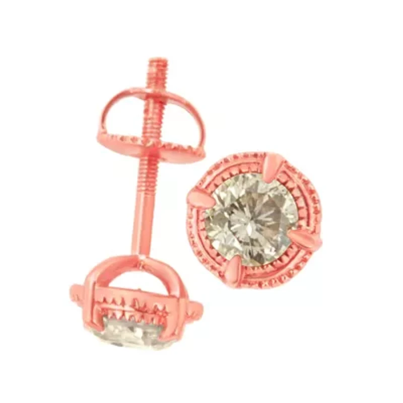 14K Rose Gold Plated Silver 1.0 Ct Diamond Solitaire Milgrain Stud Earrings
