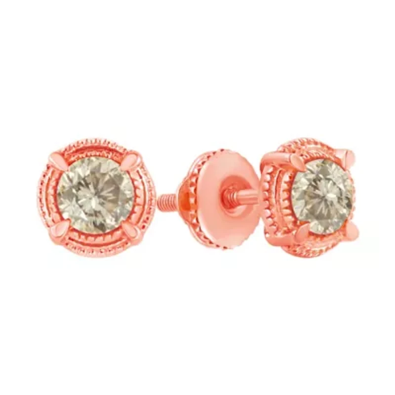 14K Rose Gold Plated Silver 1.0 Ct Diamond Solitaire Milgrain Stud Earrings