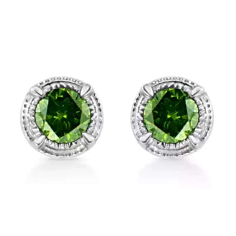 Silver 1/3 Ct Green Diamond Solitaire Milgrain Stud Earrings