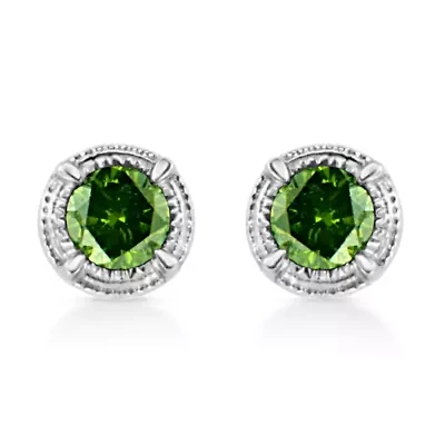 Silver 1/3 Ct Green Diamond Solitaire Milgrain Stud Earrings