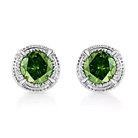 Silver 1/3 Ct Green Diamond Solitaire Milgrain Stud Earrings