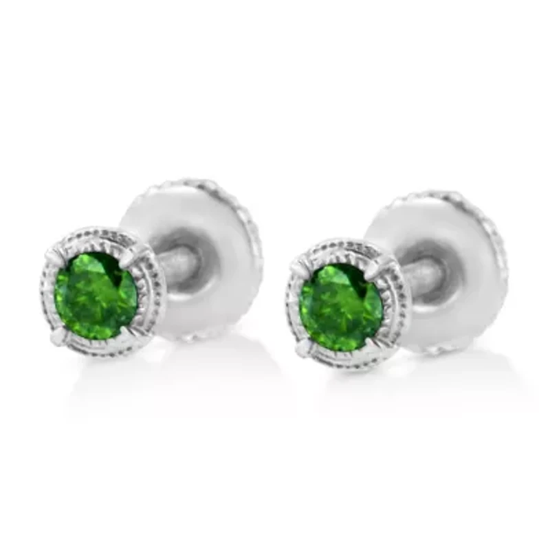 Silver 1/3 Ct Green Diamond Solitaire Milgrain Stud Earrings