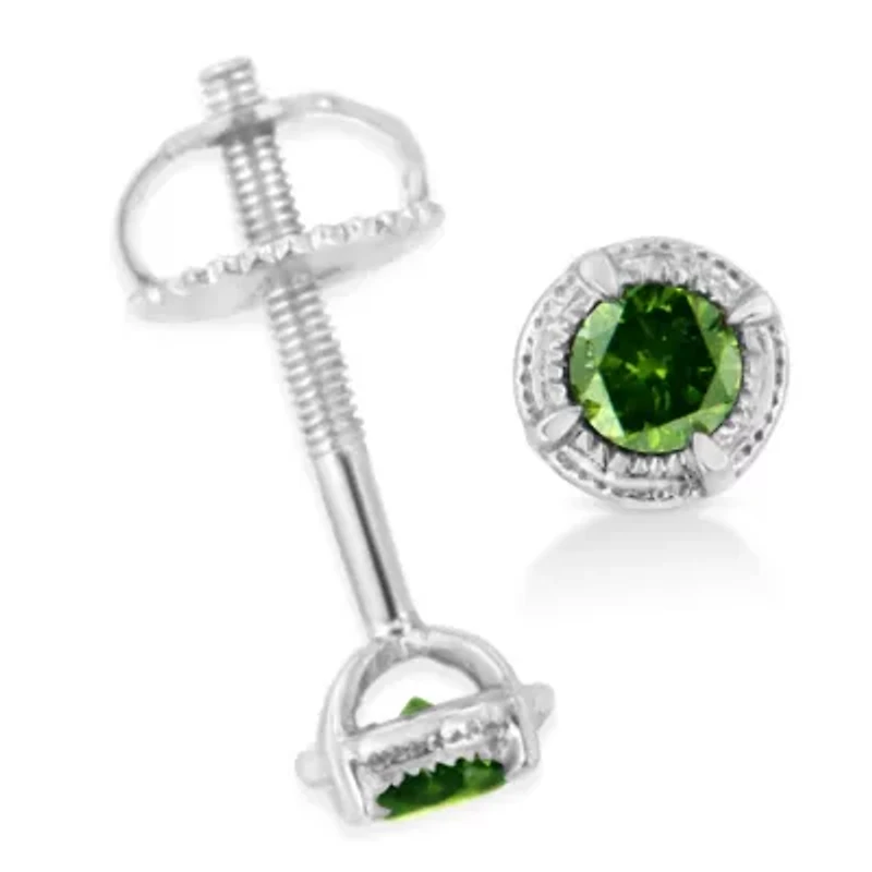 Silver 1/3 Ct Green Diamond Solitaire Milgrain Stud Earrings
