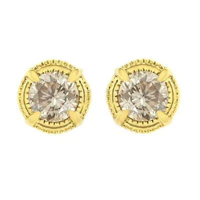 14K Yellow Gold Plated Silver 1/3 Ct Diamond Solitaire Milgrain Stud Earrings