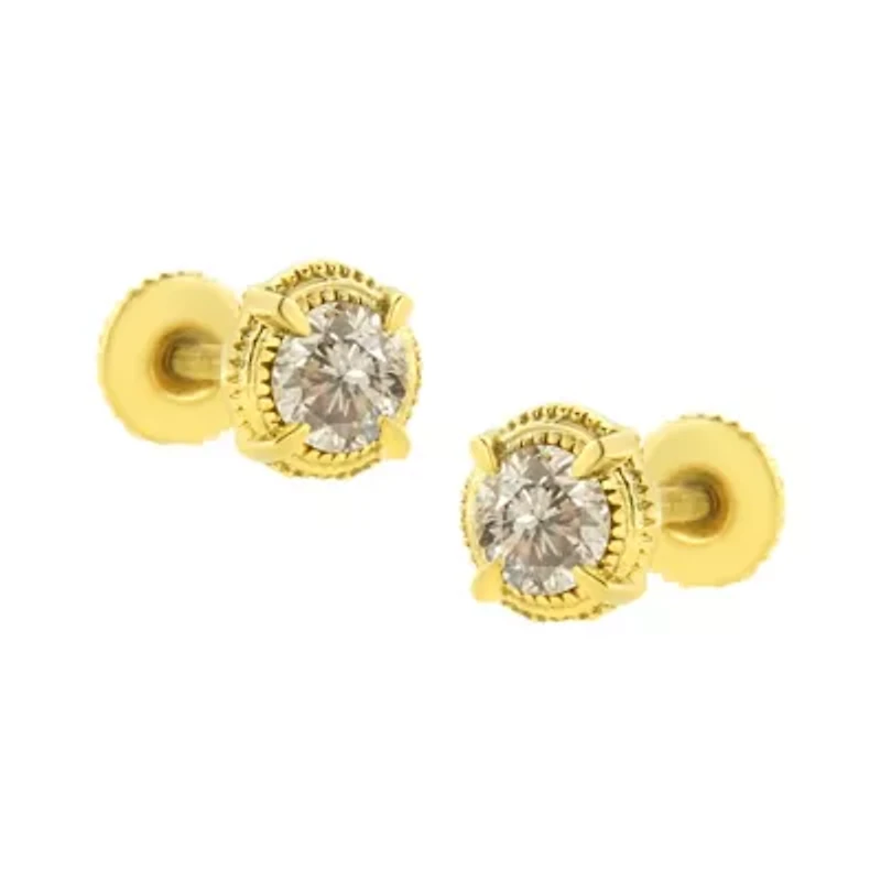 14K Yellow Gold Plated Silver 1/3 Ct Diamond Solitaire Milgrain Stud Earrings
