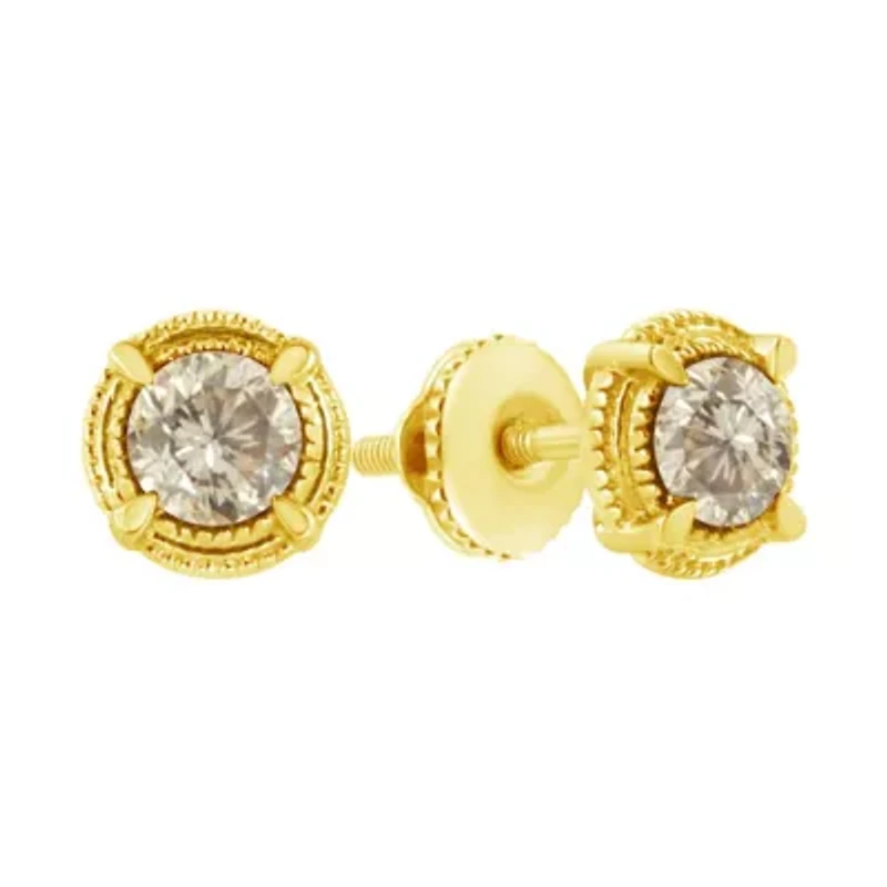 14K Yellow Gold Plated Silver 1/3 Ct Diamond Solitaire Milgrain Stud Earrings