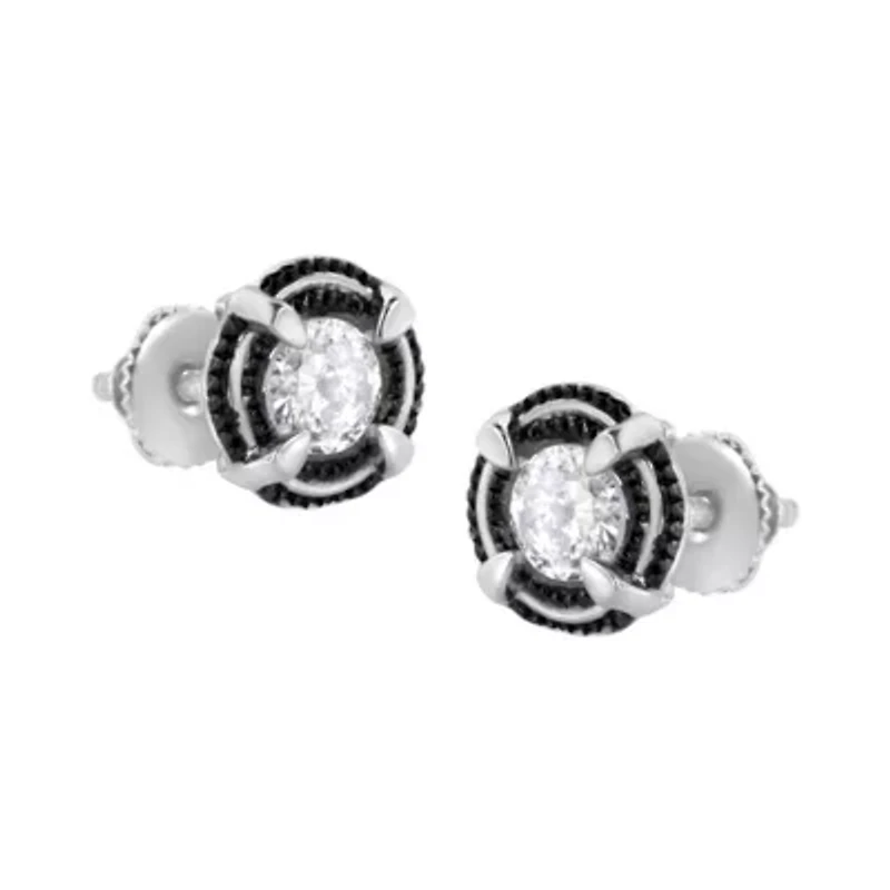 Black Rhodium and Silver 1-1/2 Ct Double Halo Solitaire Milgrain Stud Earrings