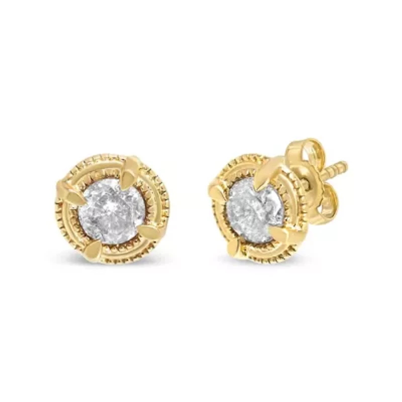 14K Yellow Gold Plated Silver Ct Diamond Solitaire Milgrain Stud Earrings