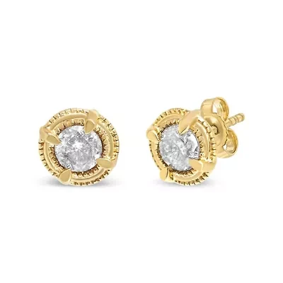 14K Yellow Gold Plated Silver Ct Diamond Solitaire Milgrain Stud Earrings