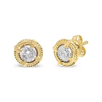 14K Yellow Gold Plated Silver Ct Diamond Solitaire Milgrain Stud Earrings