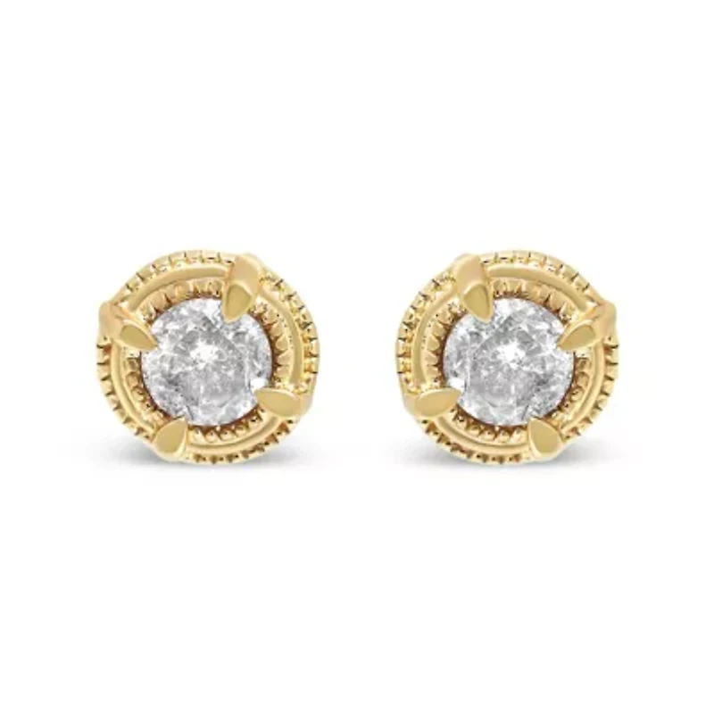 14K Yellow Gold Plated Silver Ct Diamond Solitaire Milgrain Stud Earrings