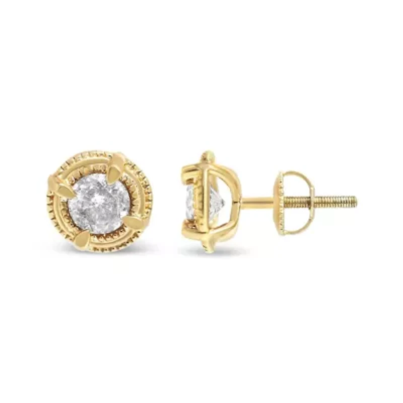14K Yellow Gold Plated Silver Ct Diamond Solitaire Milgrain Stud Earrings