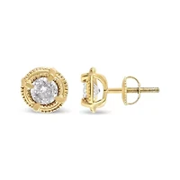 14K Yellow Gold Plated Silver Ct Diamond Solitaire Milgrain Stud Earrings