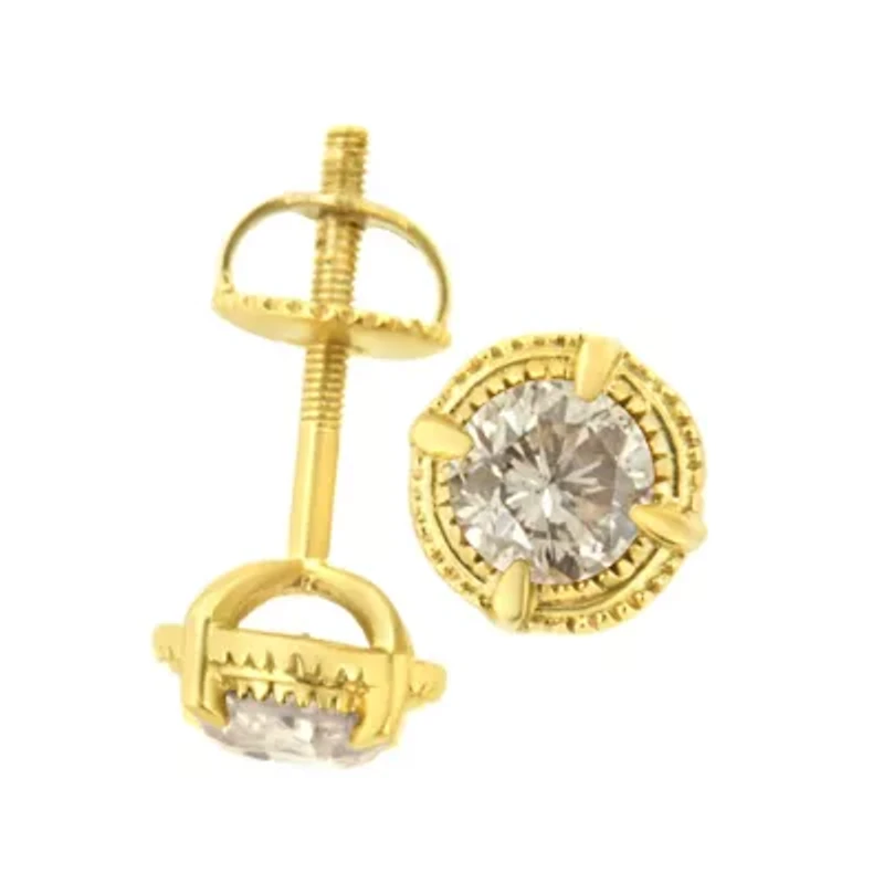 14K Yellow Gold Plated Silver Ct Diamond Solitaire Milgrain Stud Earrings