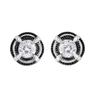 Black Rhodium Plated Silver 1/2 Ct Diamond Halo Solitaire Milgrain Stud Earrings