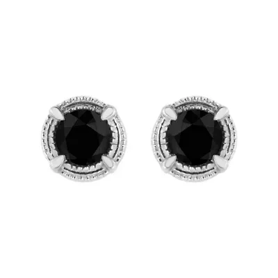 Silver 3/4 Ct Black Diamond Solitaire Milgrain Stud Earrings