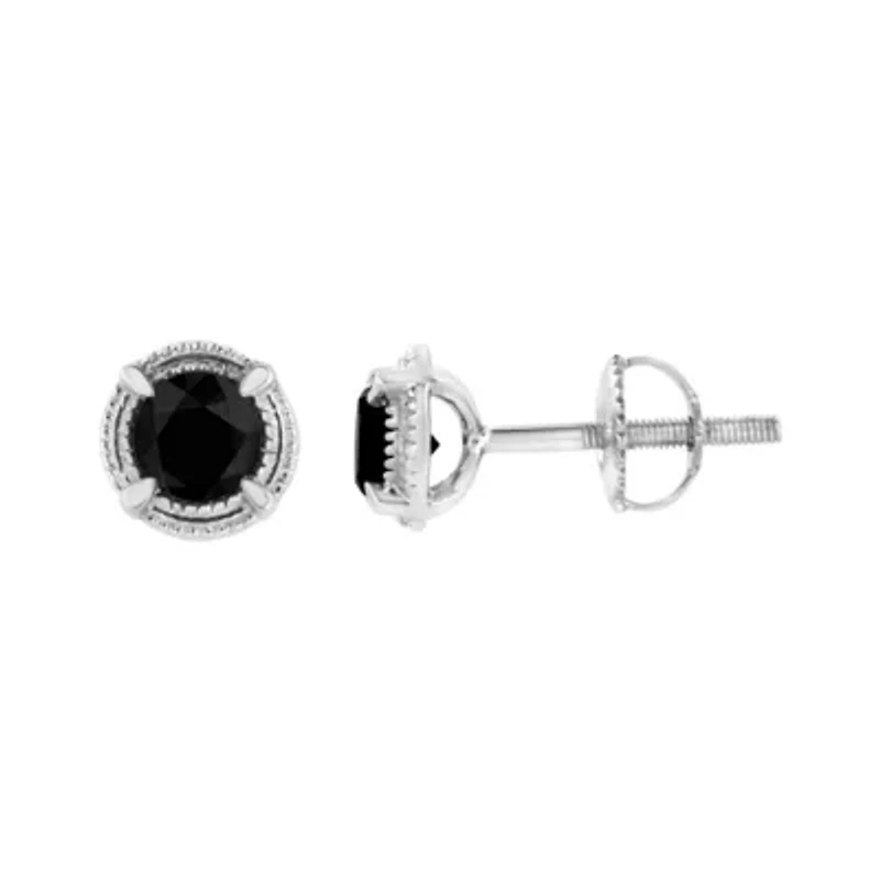 Silver 3/4 Ct Black Diamond Solitaire Milgrain Stud Earrings