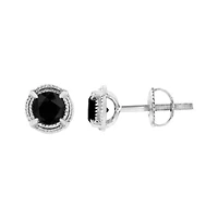 Silver 3/4 Ct Black Diamond Solitaire Milgrain Stud Earrings