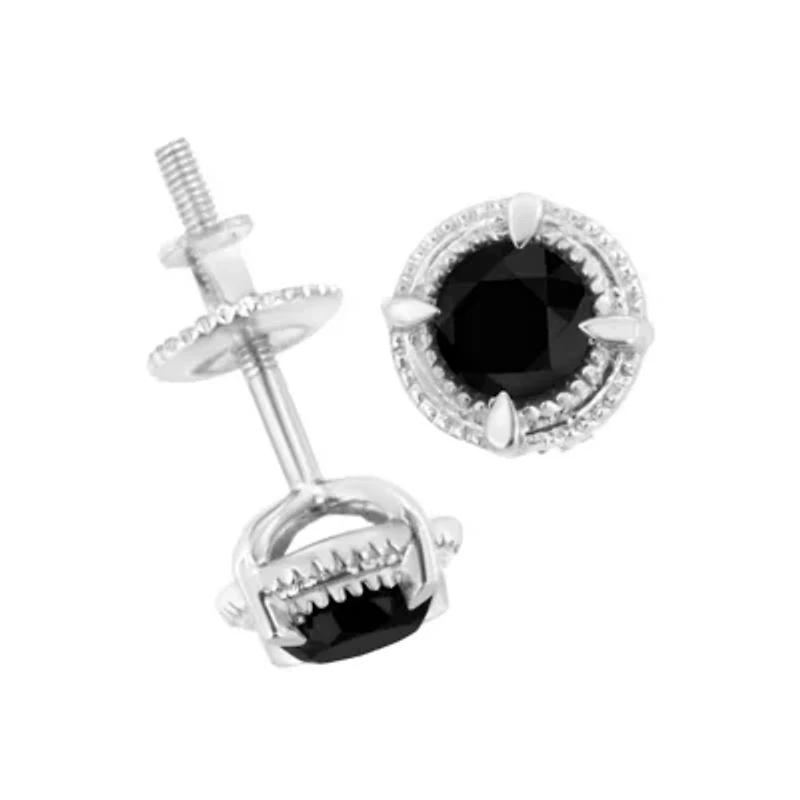 Silver 3/4 Ct Black Diamond Solitaire Milgrain Stud Earrings