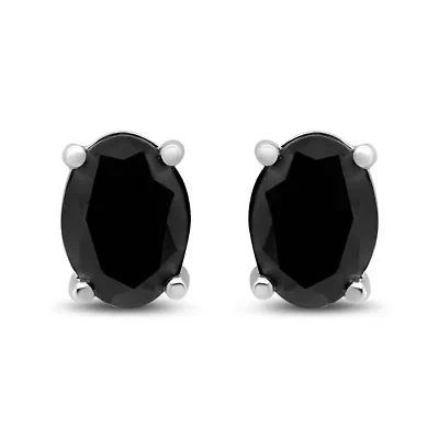 Silver 2.0 Ct Prong Black Oval Diamond Stud Earring