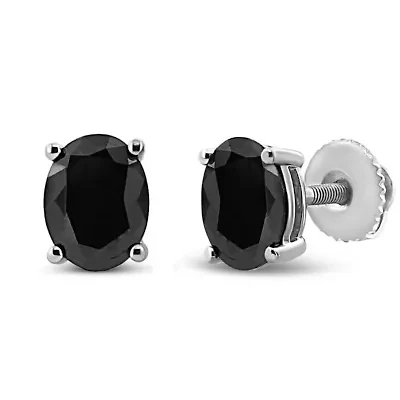 Silver Ct Prong Black Oval Diamond Stud Earring