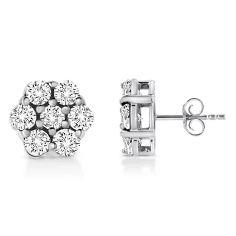 Lab Created Silver 1.0 Ct Lab Grown Diamond Floral Cluster Stud Earrings