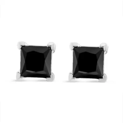 Silver 1.00 Ct Princess Black Diamond Stud Earrings with Screw Backs