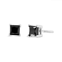 Silver 1.00 Ct Princess Black Diamond Stud Earrings with Screw Backs