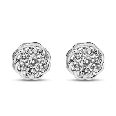 Silver 1/2 Ct Round Diamond Cluster Openwork Floral Halo Stud Earrings