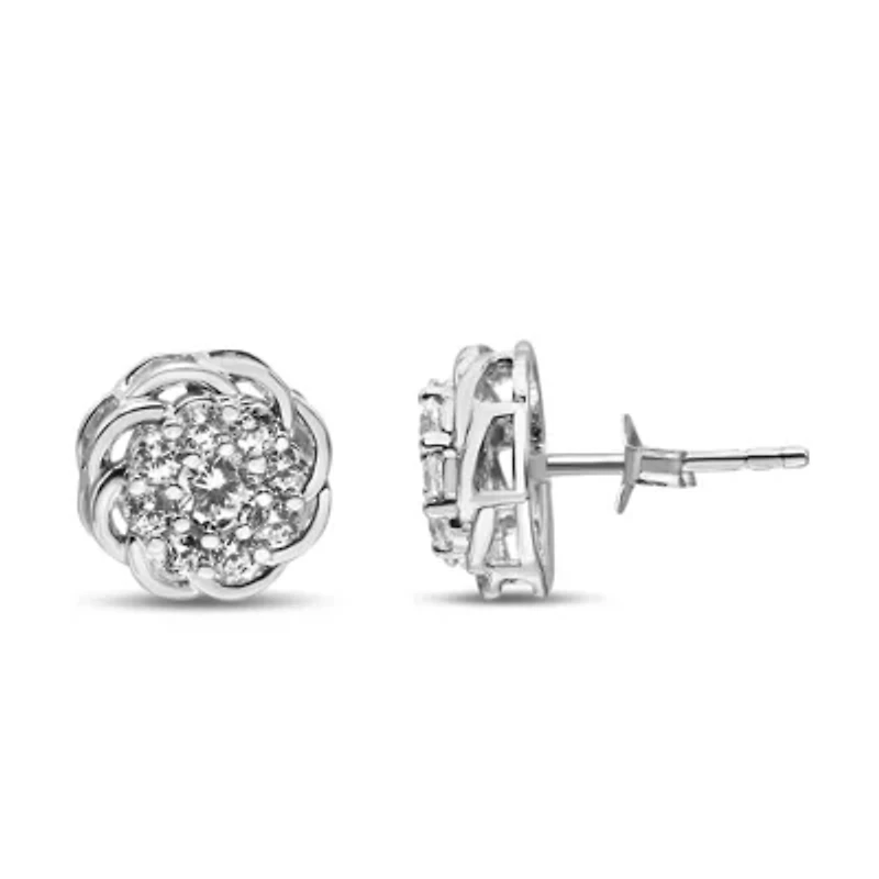 Silver 1/2 Ct Round Diamond Cluster Openwork Floral Halo Stud Earrings