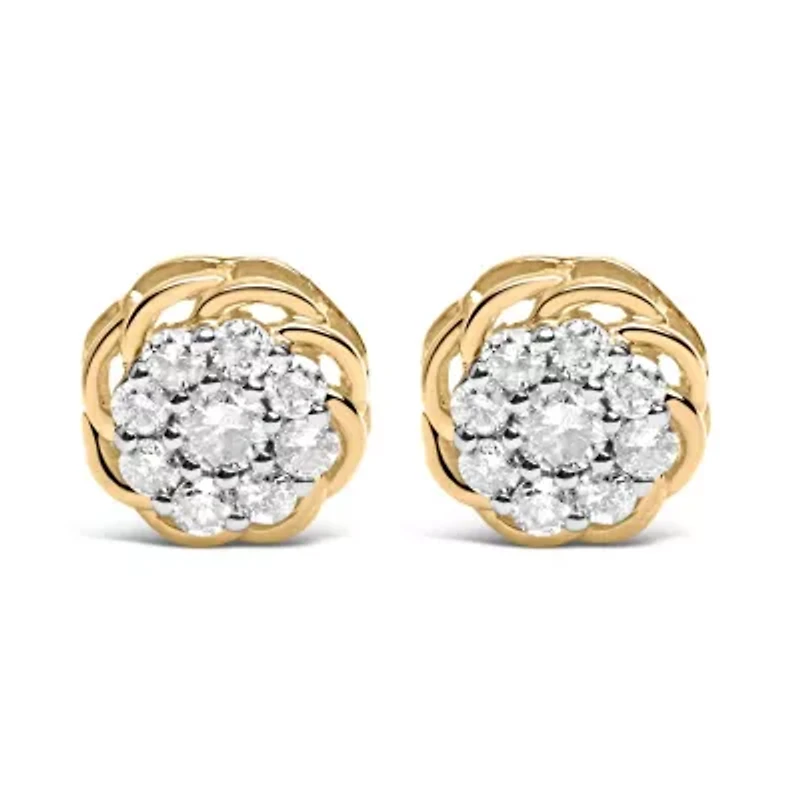10K Yellow Gold Plated Silver 1/2 Ct Diamond Cluster Stud Earrings