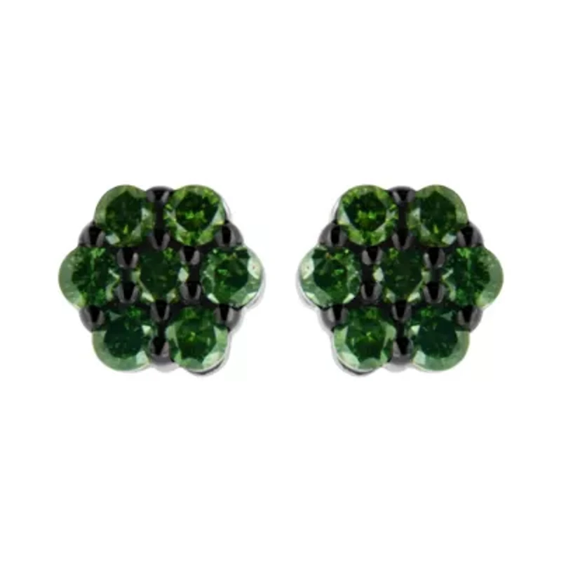 Silver 1/2 Ct Prong Round Green Diamond Floral Cluster Stud Earring