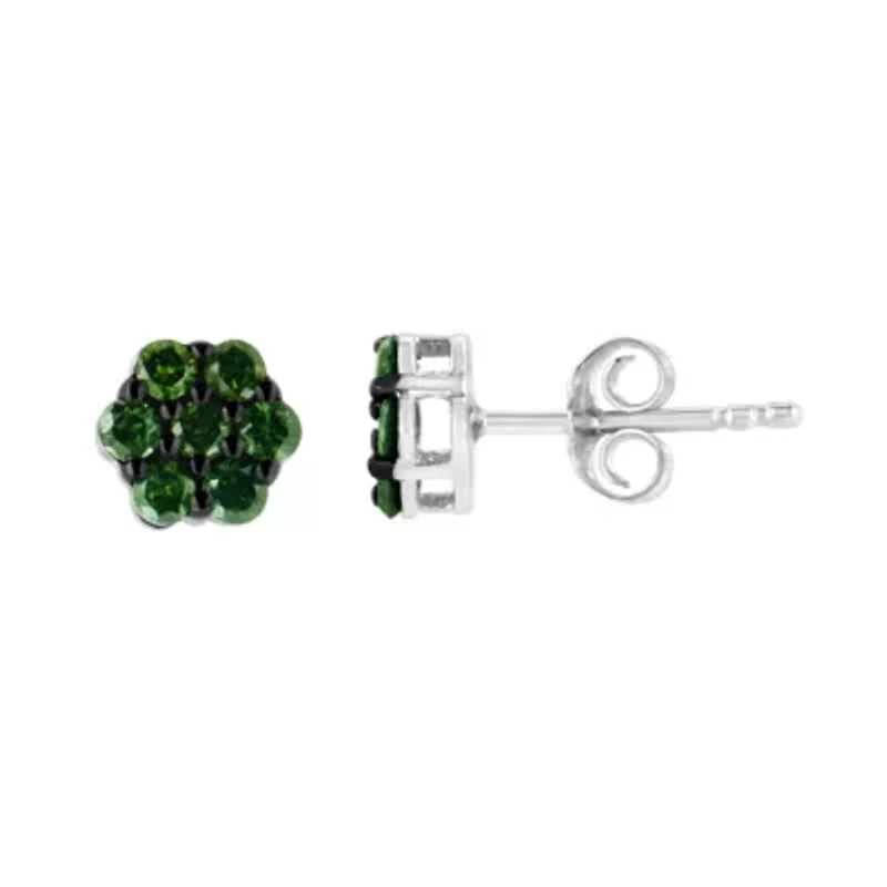 Silver 1/2 Ct Prong Round Green Diamond Floral Cluster Stud Earring