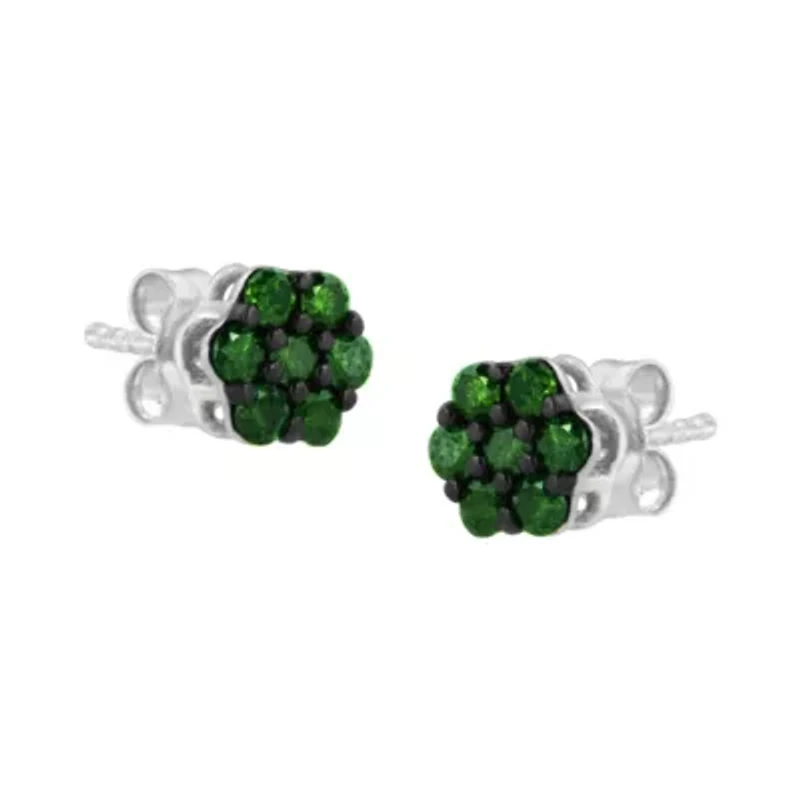 Silver 1/2 Ct Prong Round Green Diamond Floral Cluster Stud Earring