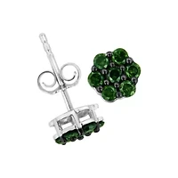 Silver 1/2 Ct Prong Round Green Diamond Floral Cluster Stud Earring