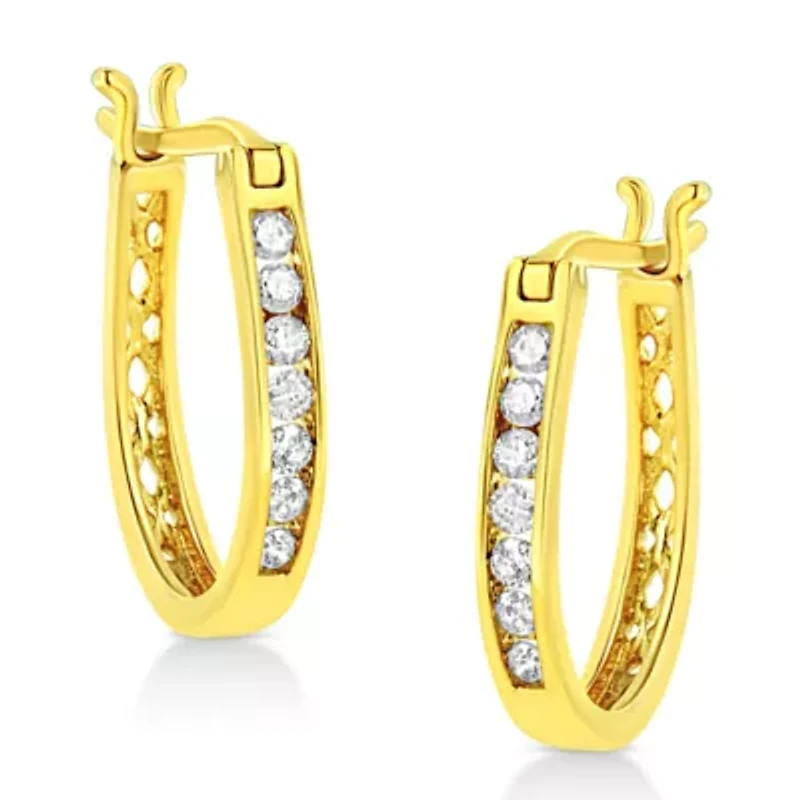14K Yellow Gold Plated Silver 1/4 Ct Diamond Leverback 3/4" Inch Hoop Earrings
