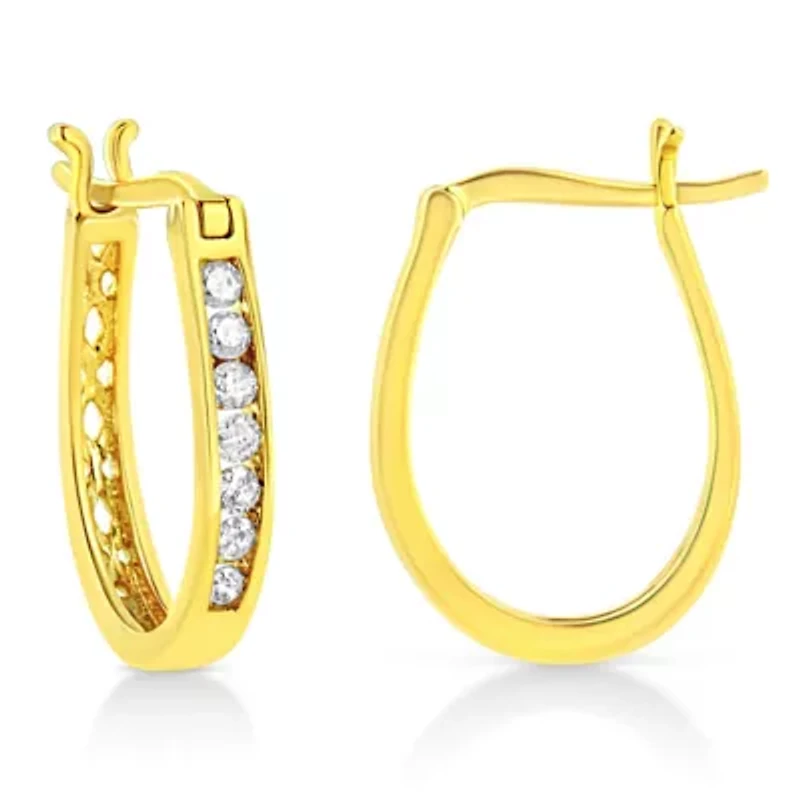 14K Yellow Gold Plated Silver 1/4 Ct Diamond Leverback 3/4" Inch Hoop Earrings