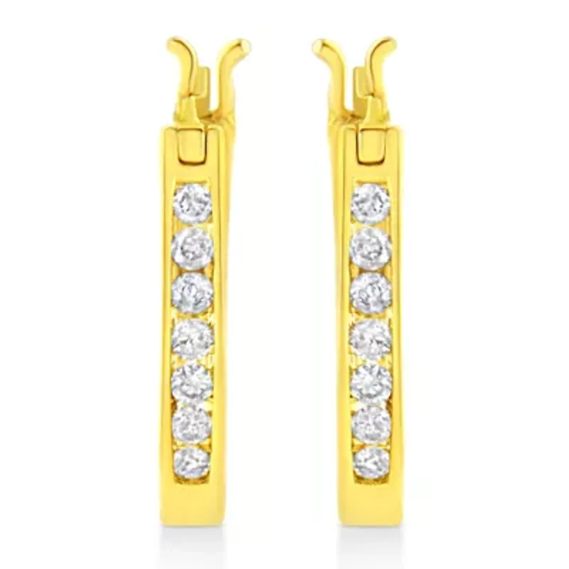 14K Yellow Gold Plated Silver 1/4 Ct Diamond Leverback 3/4" Inch Hoop Earrings