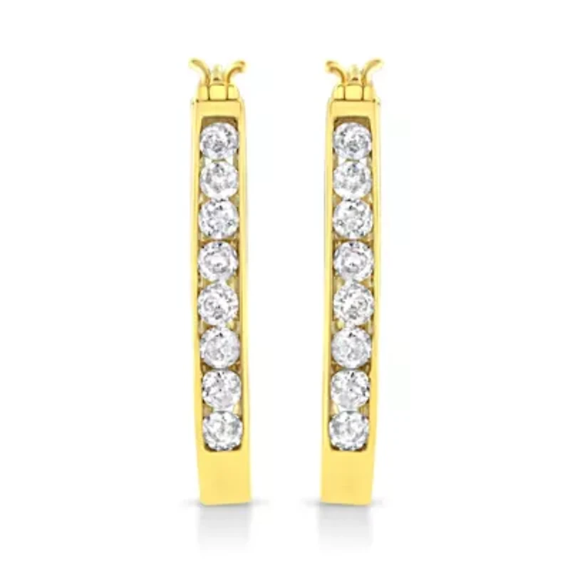 14k Yellow Gold Plated Silver 1.0 Ct Channel Diamond Hoop Earrings
